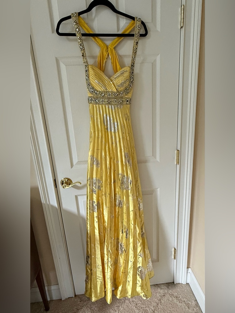 Yellow Metallic Floral Evening Gown with Embellished Waist
By Fire and Ice